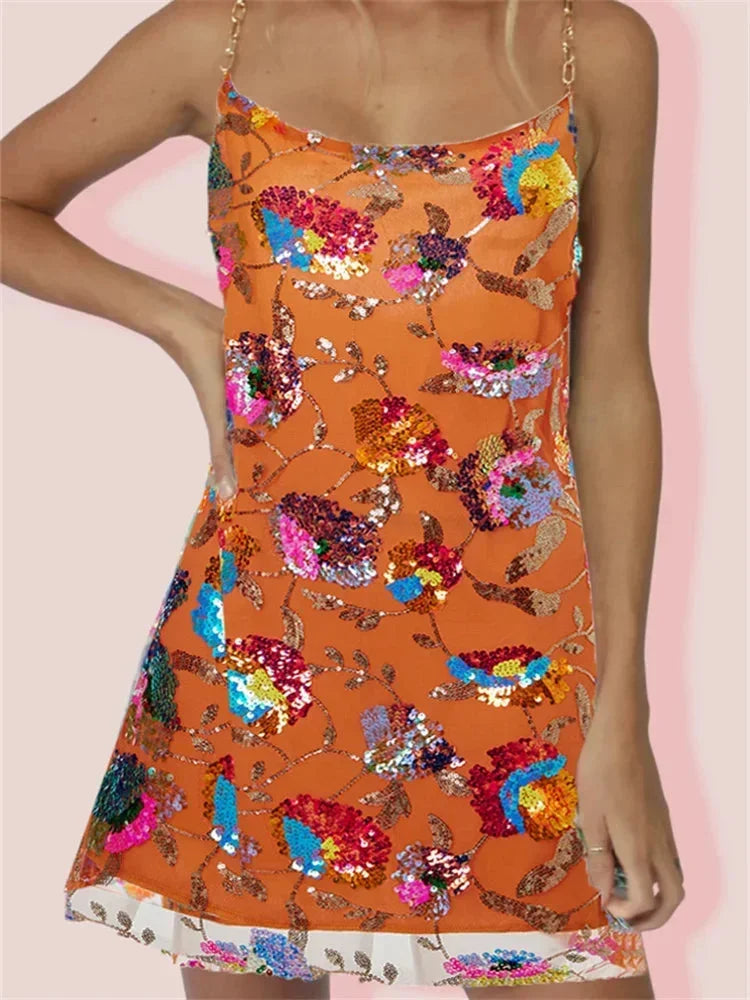 Shiny Patterned Evening Mini Dress with Thin Shoulder Straps for Women