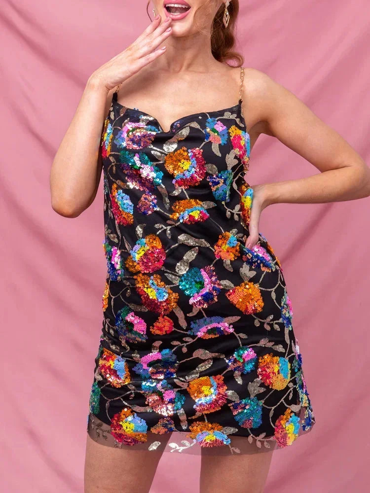 Shiny Patterned Evening Mini Dress with Thin Shoulder Straps for Women