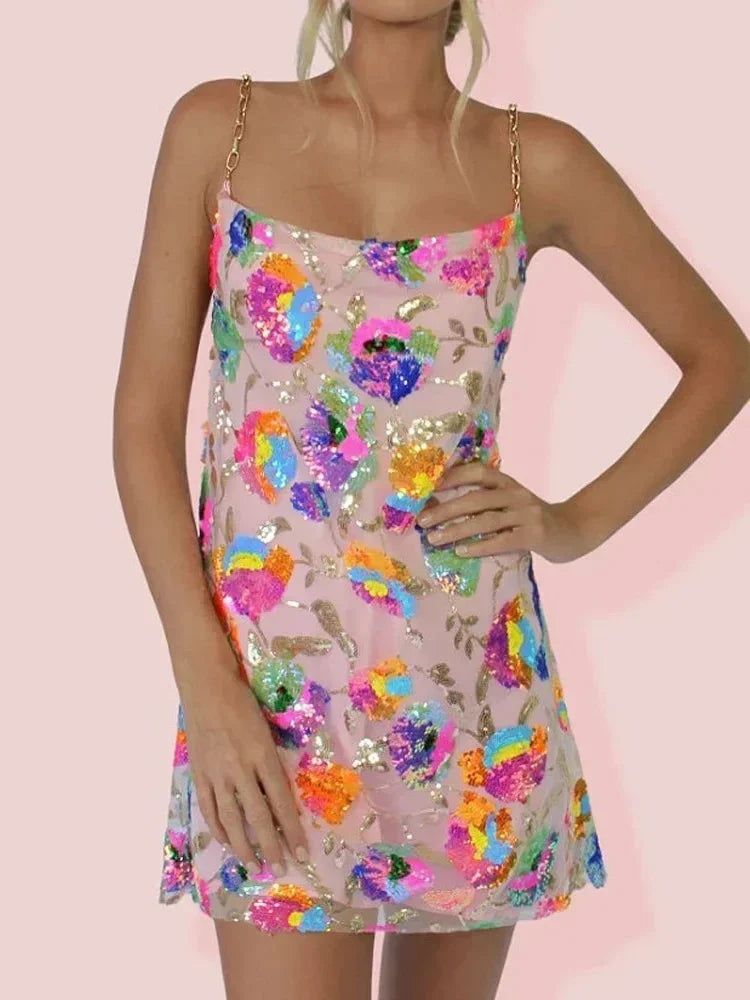 Shiny Patterned Evening Mini Dress with Thin Shoulder Straps for Women