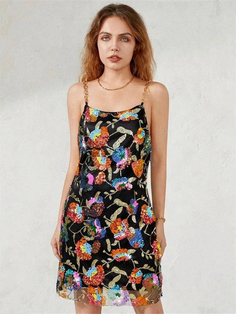 Shiny Patterned Evening Mini Dress with Thin Shoulder Straps for Women