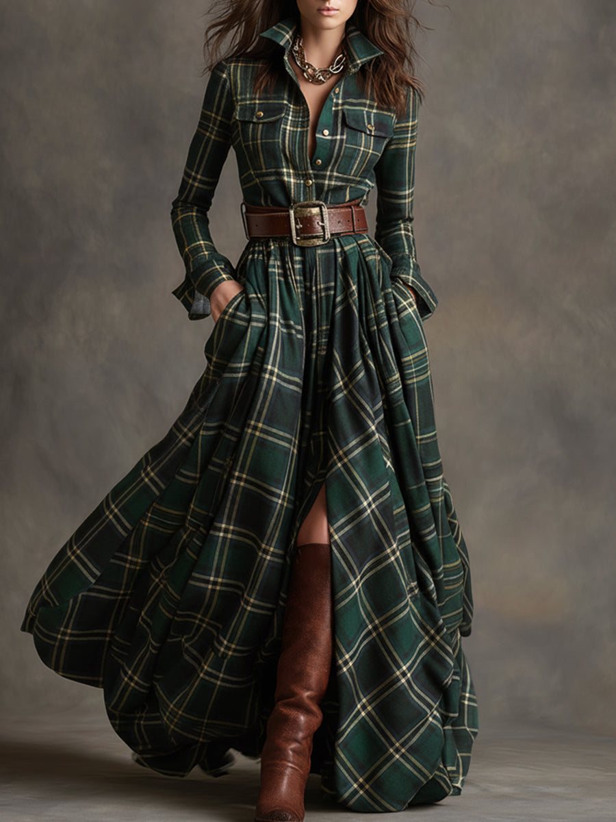 Shirt Dress with Check Pattern and Belted Waist for Womens