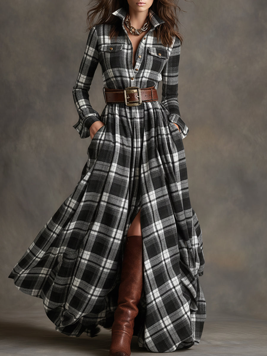 Shirt Dress with Check Pattern and Belted Waist for Womens