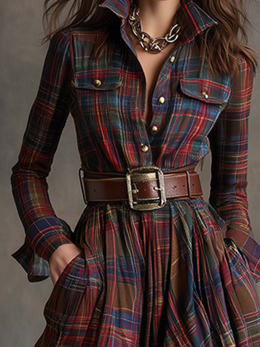 Shirt Dress with Check Pattern and Belted Waist for Womens