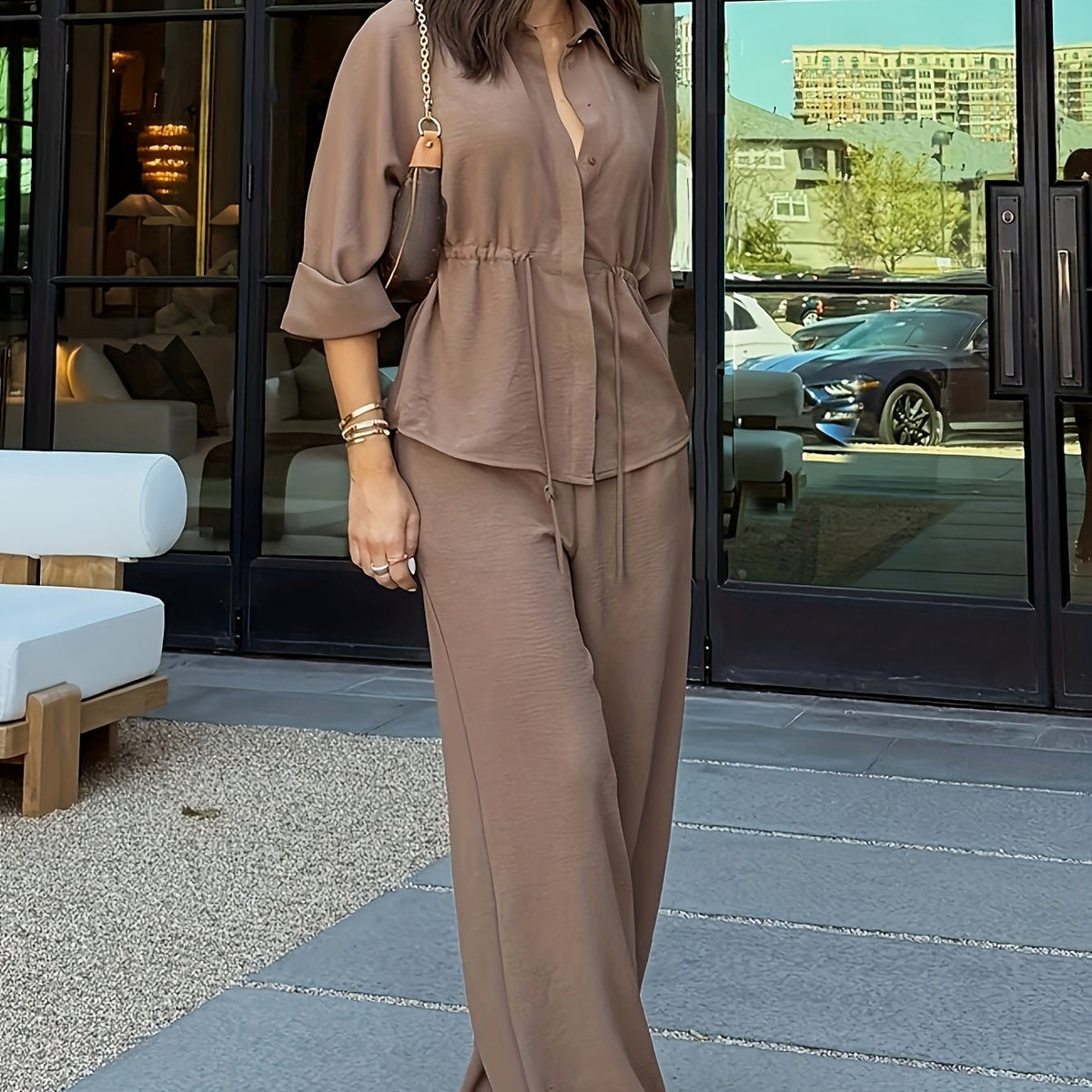 Shirt and Trouser Set with Drawstring Waist for Womens