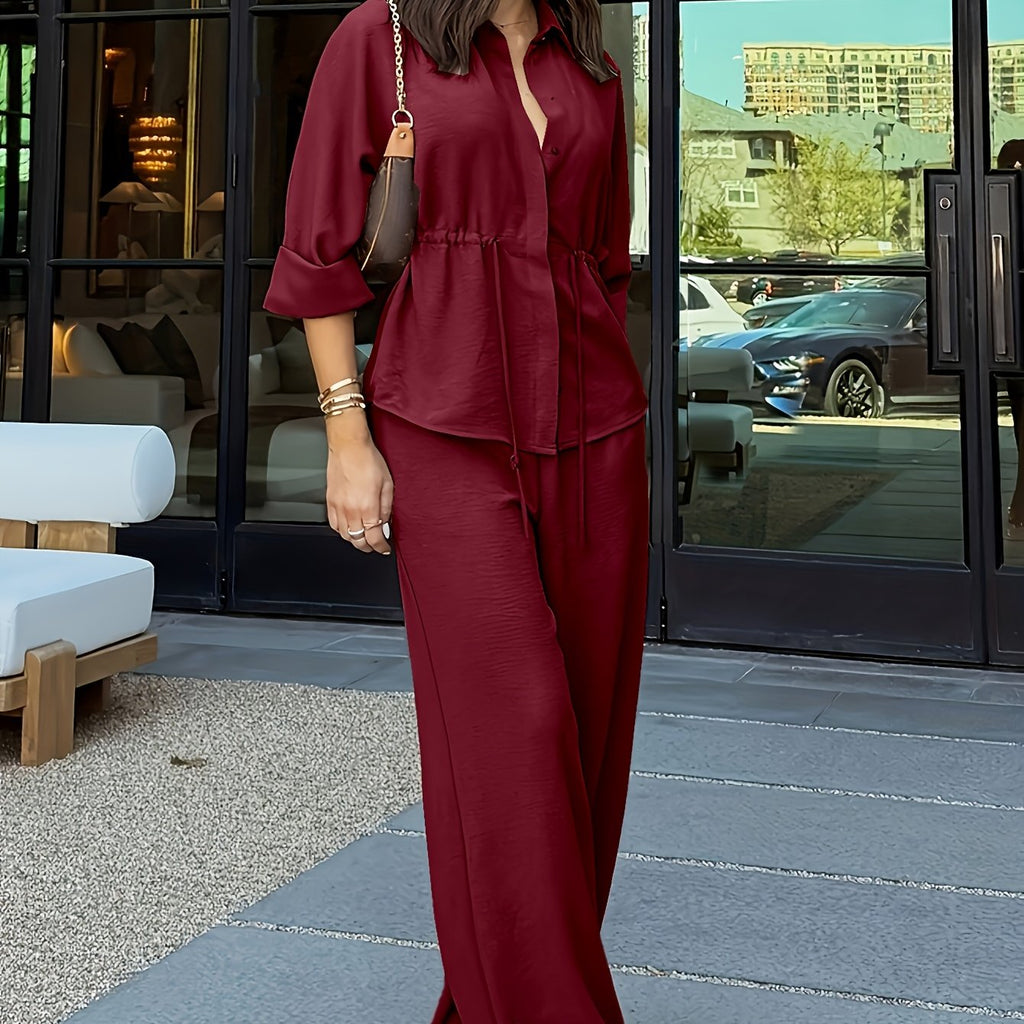 Shirt and Trouser Set with Drawstring Waist for Womens