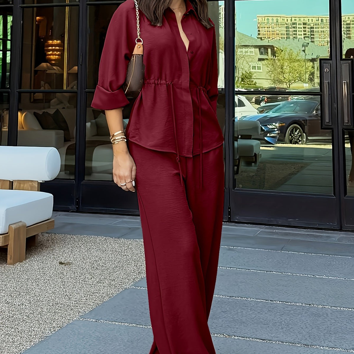 Shirt and Trouser Set with Drawstring Waist for Womens