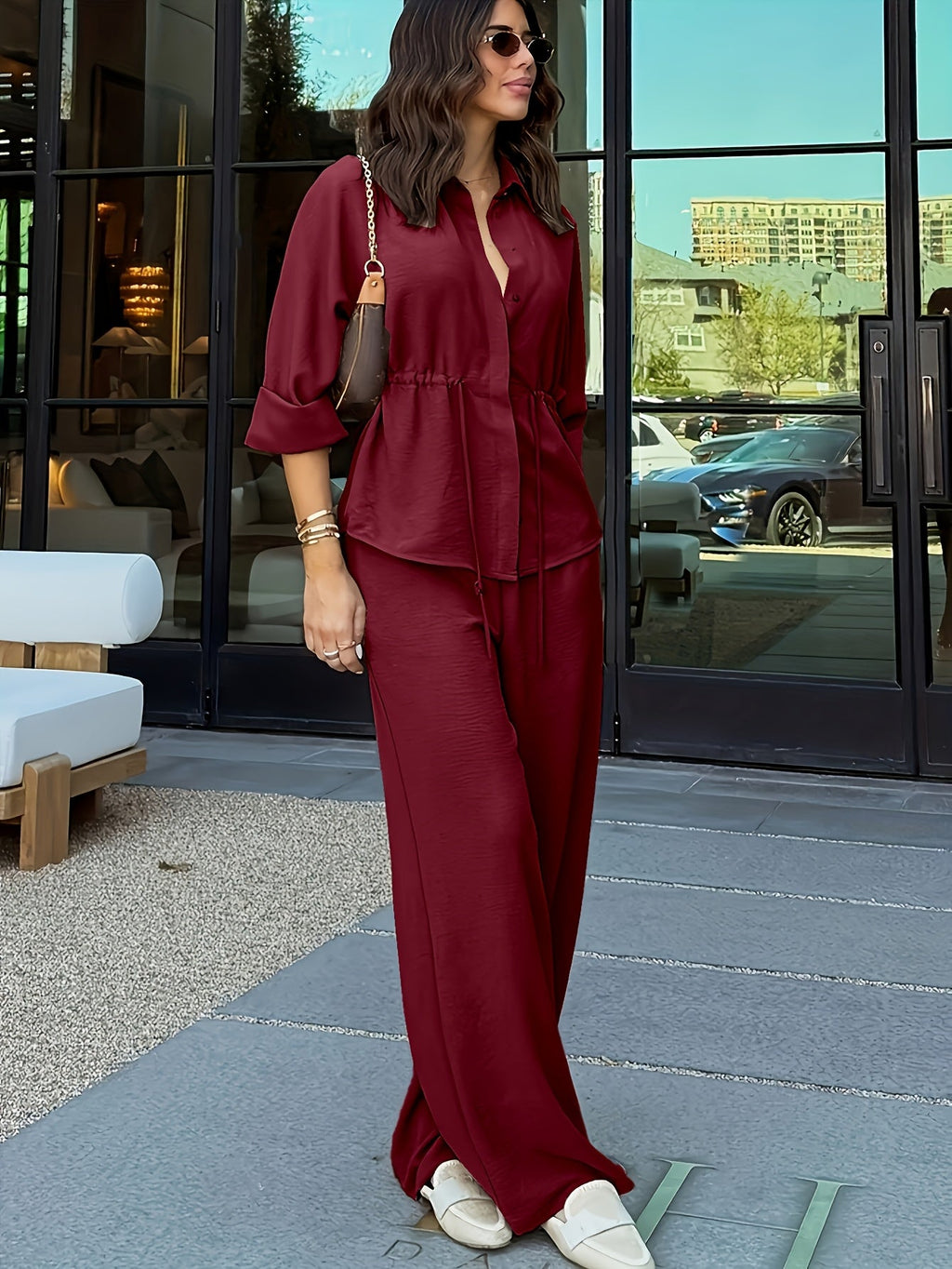 Shirt and Trouser Set with Drawstring Waist for Womens
