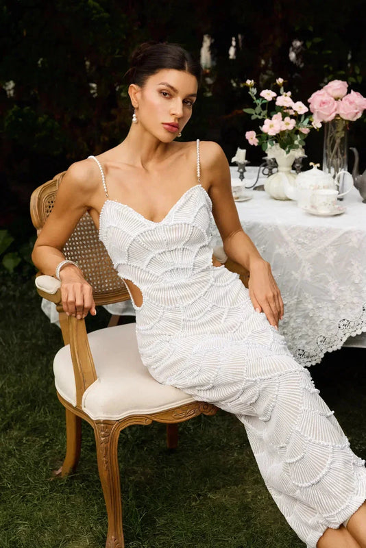 Side Cut-Out Evening Dress with Thin Straps for Women