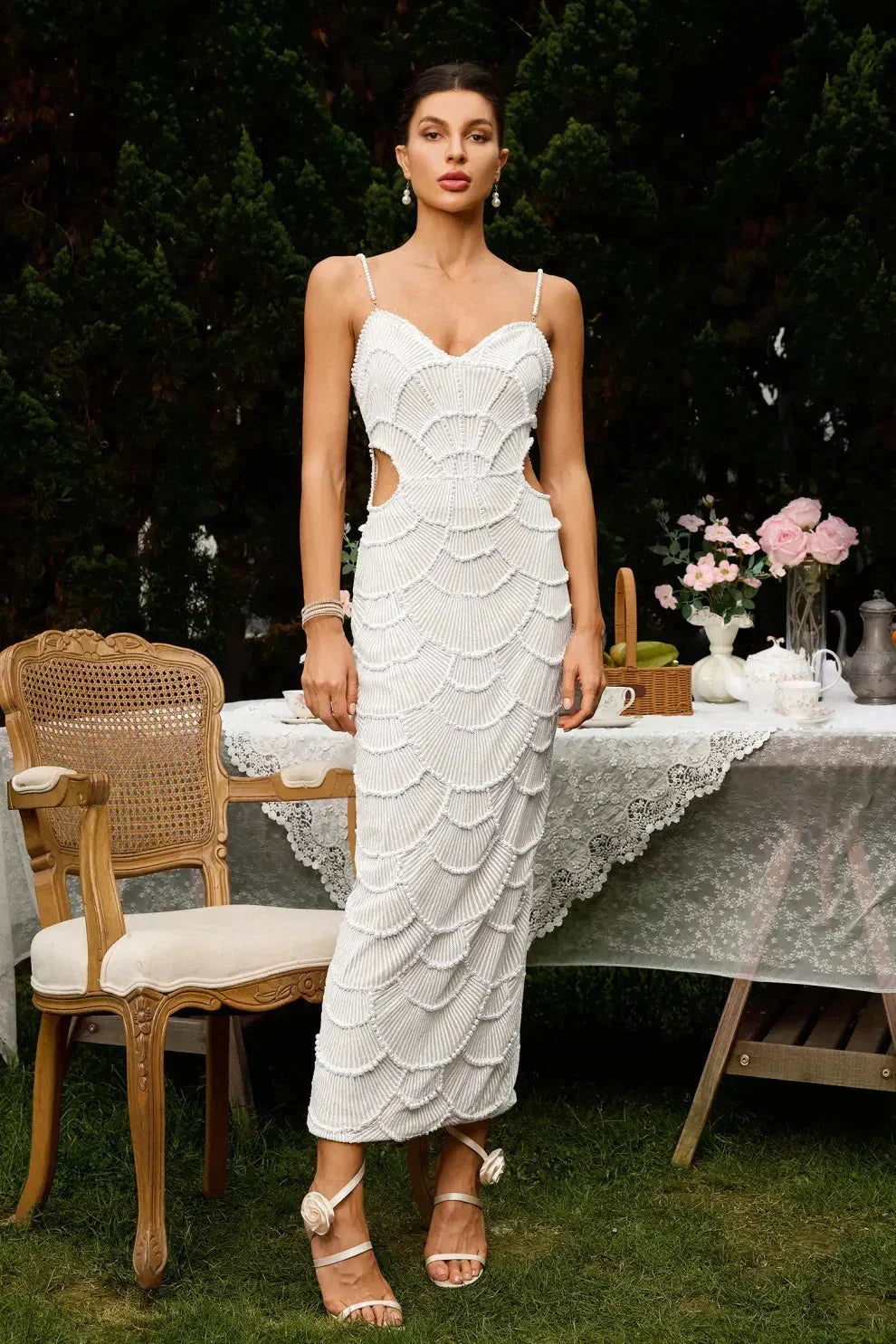 Side Cut-Out Evening Dress with Thin Straps for Women
