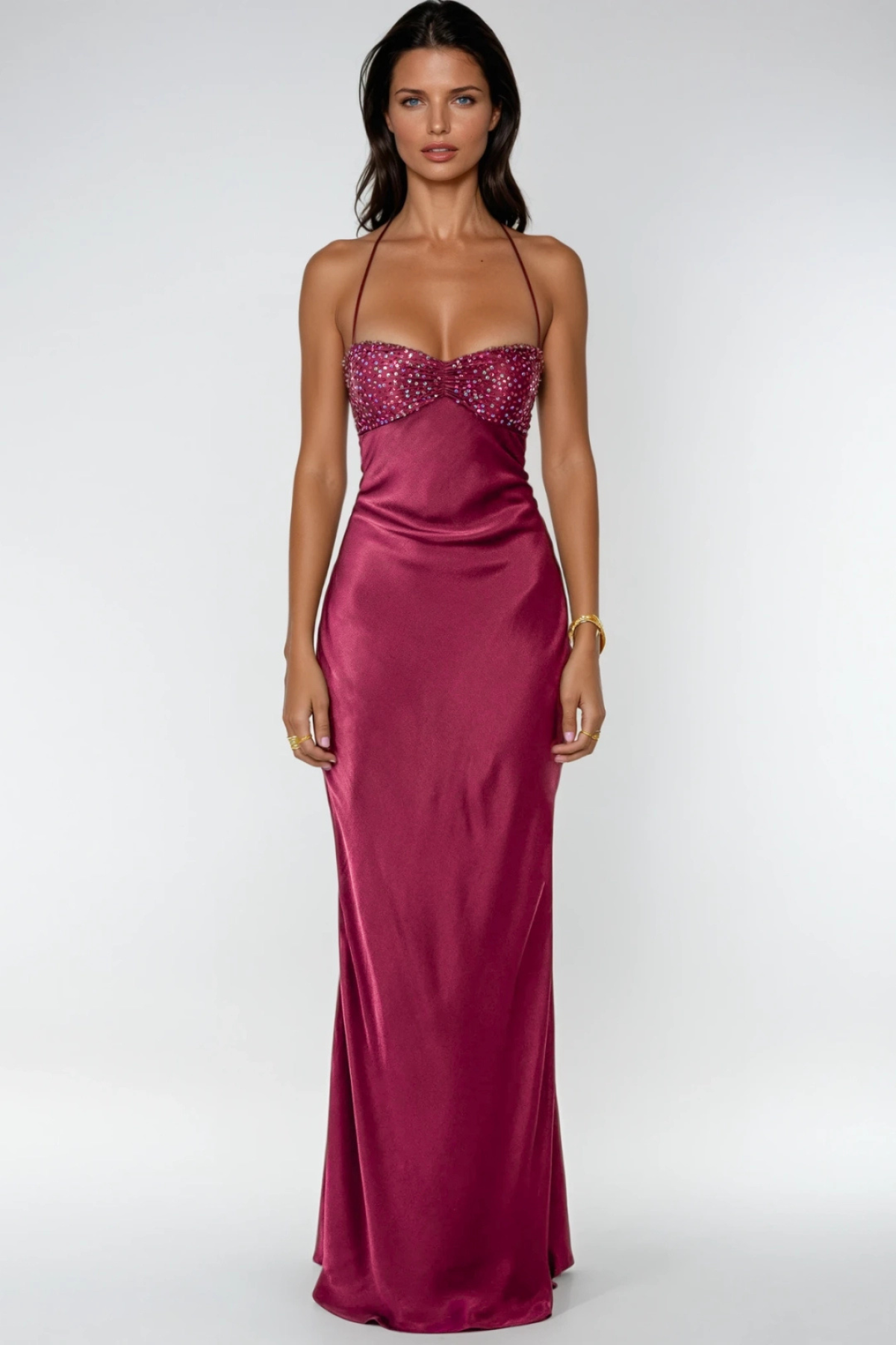 Sleeveless Halter Neck Maxi Dress with Embellished Bodice for Women