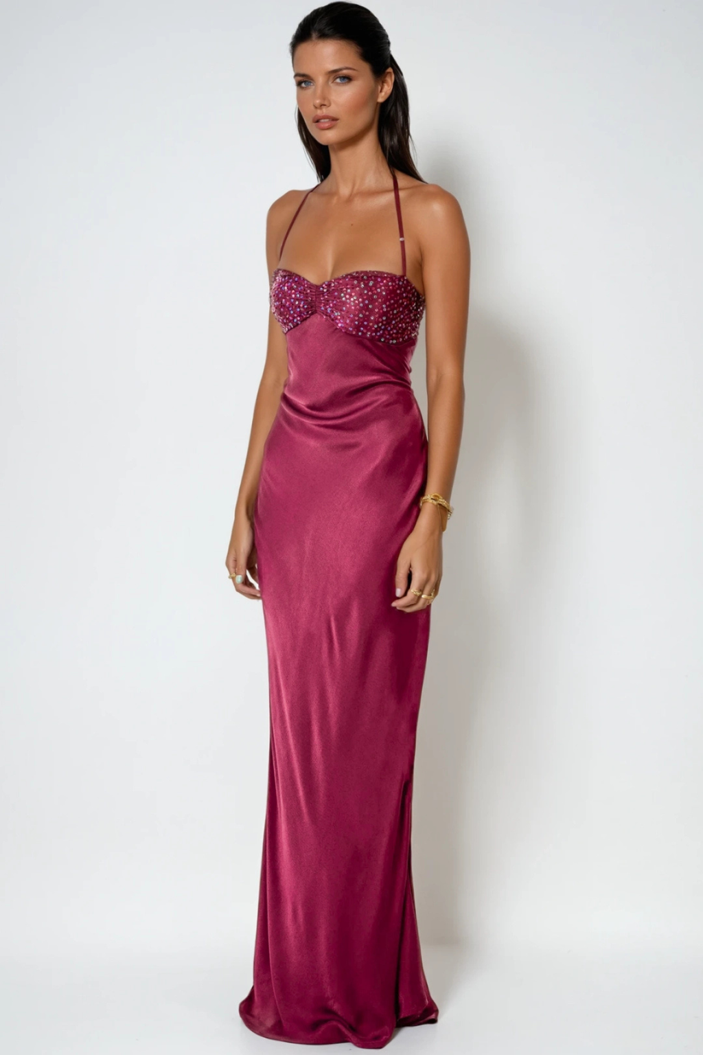 Sleeveless Halter Neck Maxi Dress with Embellished Bodice for Women