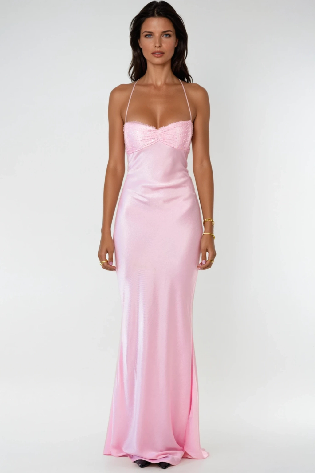 Sleeveless Halter Neck Maxi Dress with Embellished Bodice for Women