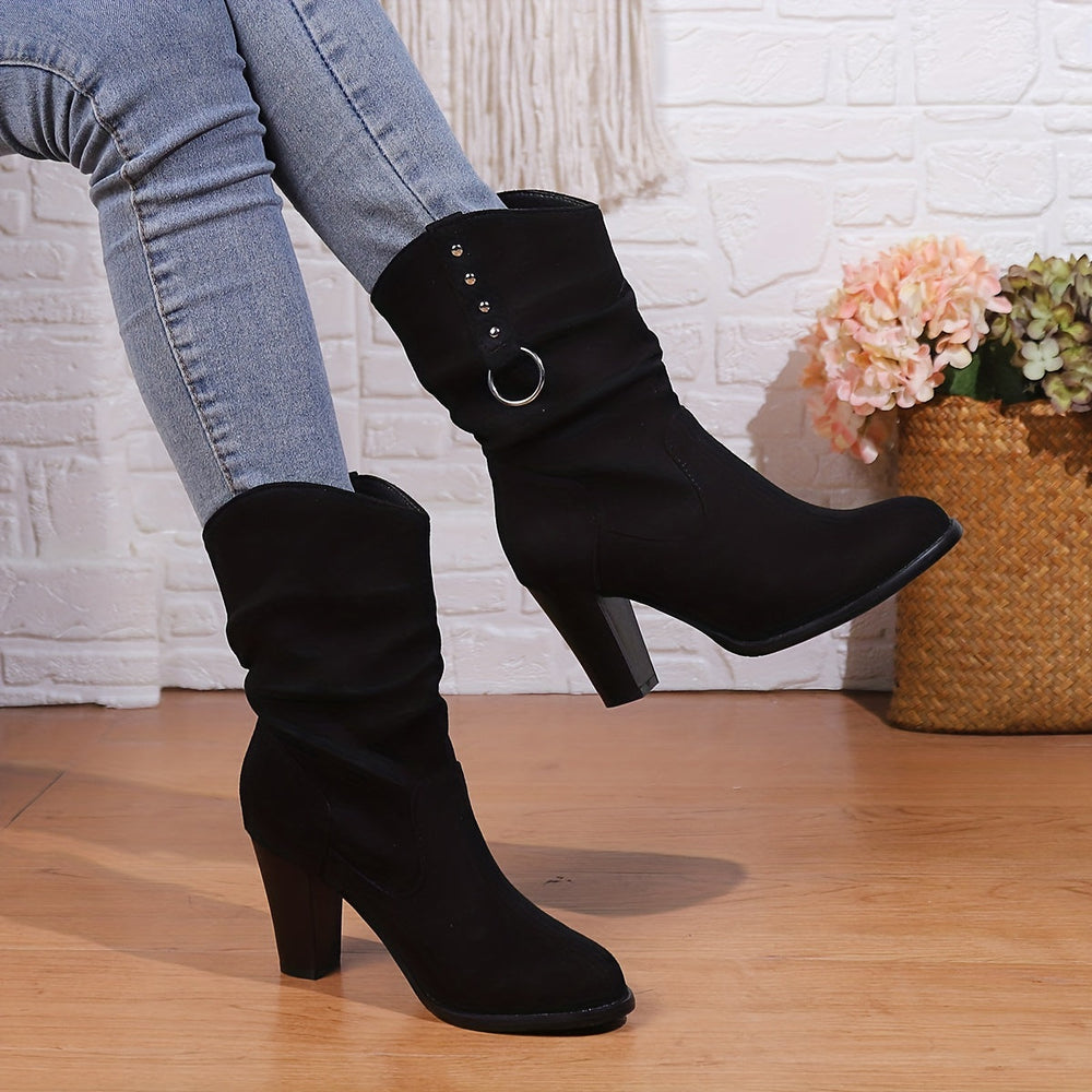 Slouch Boots with Block Heel and Ring Detail for Womens