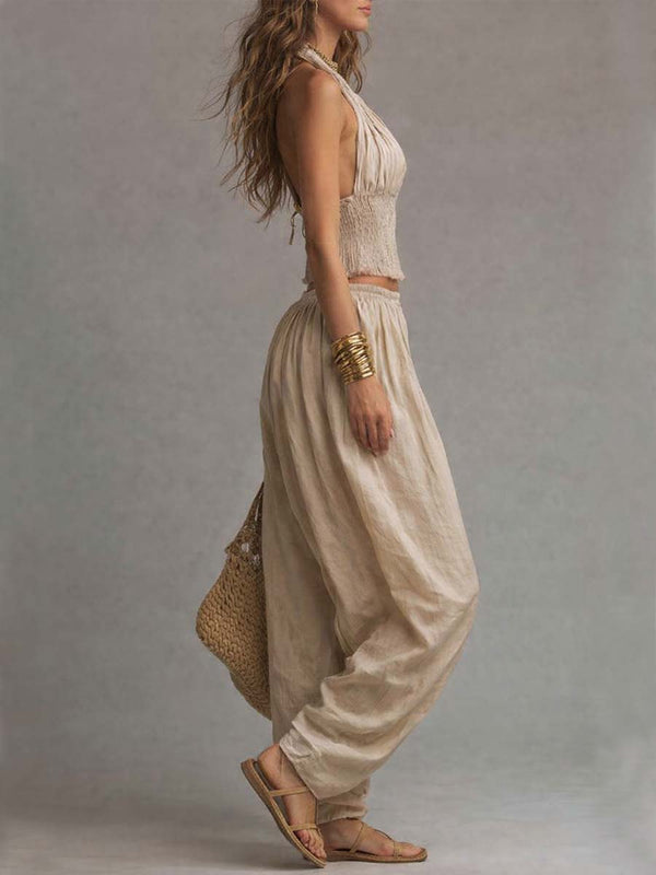Smocked Two-Piece Halter Top and Harem Pants Set with Gathered Ankle Cuffs for Women