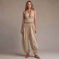 Smocked Two-Piece Halter Top and Harem Pants Set with Gathered Ankle Cuffs for Women