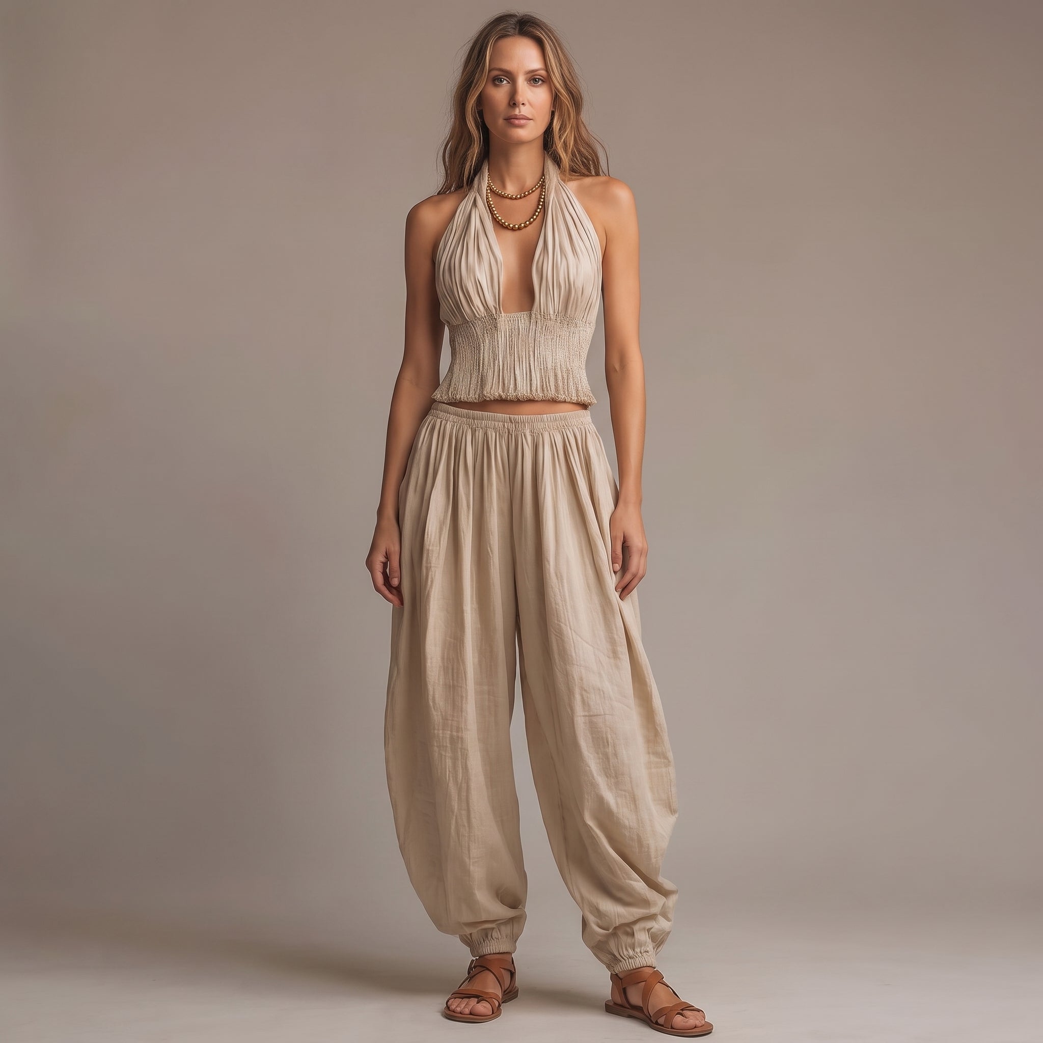Smocked Two-Piece Halter Top and Harem Pants Set with Gathered Ankle Cuffs for Women