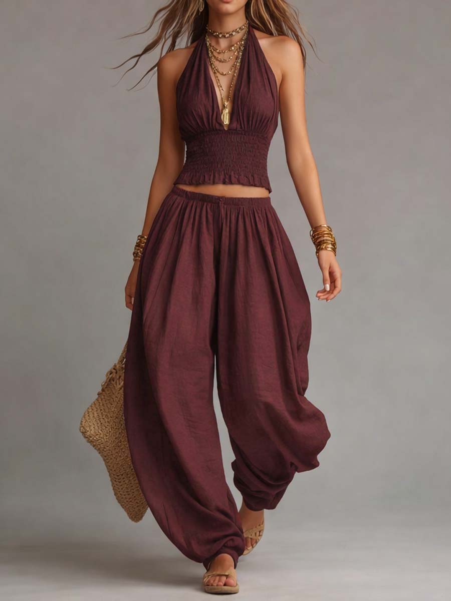 Smocked Two-Piece Halter Top and Harem Pants Set with Gathered Ankle Cuffs for Women