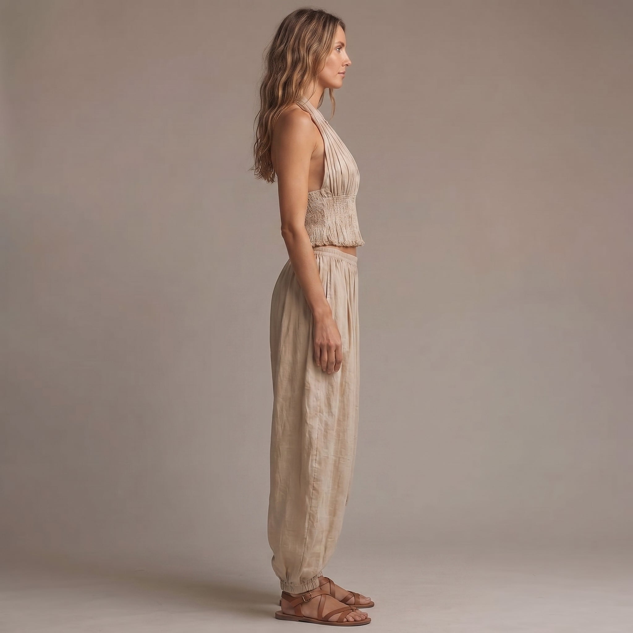 Smocked Two-Piece Halter Top and Harem Pants Set with Gathered Ankle Cuffs for Women