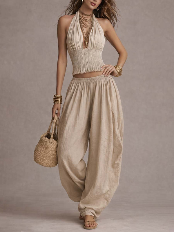 Smocked Two-Piece Halter Top and Harem Pants Set with Gathered Ankle Cuffs for Women