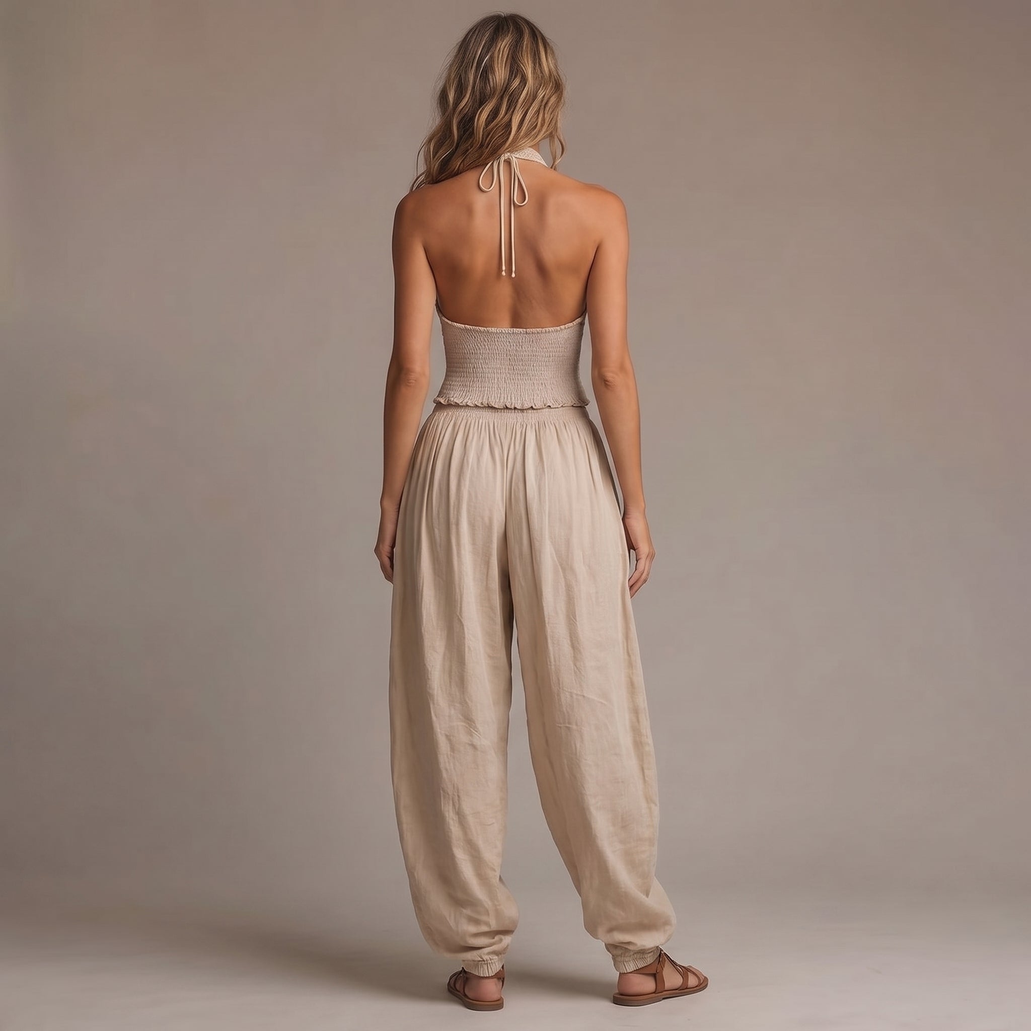 Smocked Two-Piece Halter Top and Harem Pants Set with Gathered Ankle Cuffs for Women