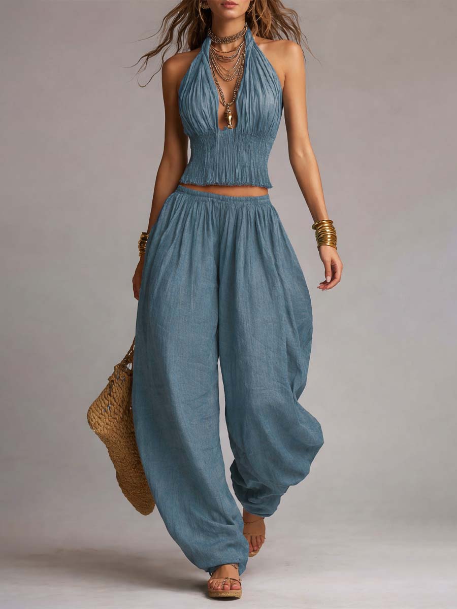 Smocked Two-Piece Halter Top and Harem Pants Set with Gathered Ankle Cuffs for Women