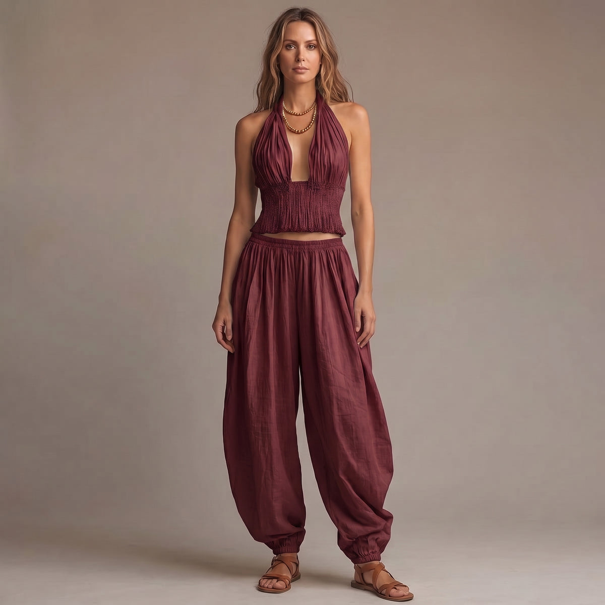 Smocked Two-Piece Halter Top and Harem Pants Set with Gathered Ankle Cuffs for Women