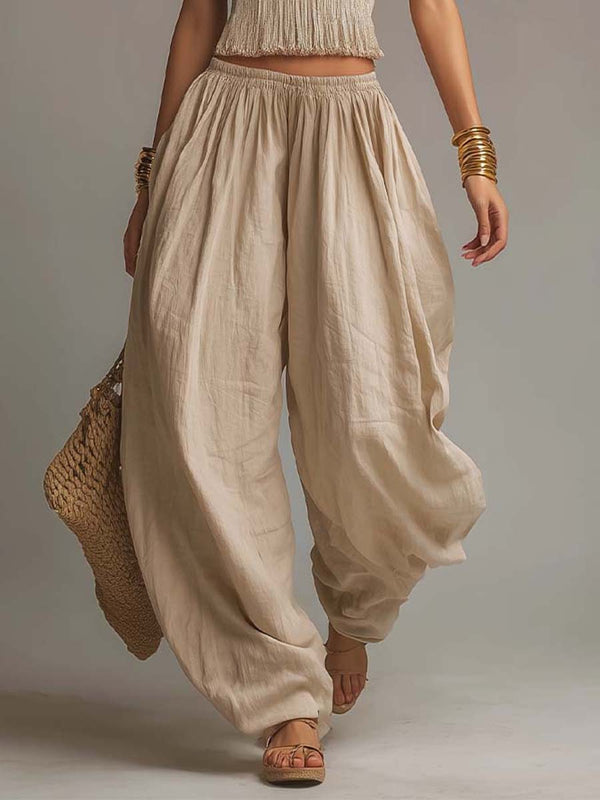 Smocked Two-Piece Halter Top and Harem Pants Set with Gathered Ankle Cuffs for Women
