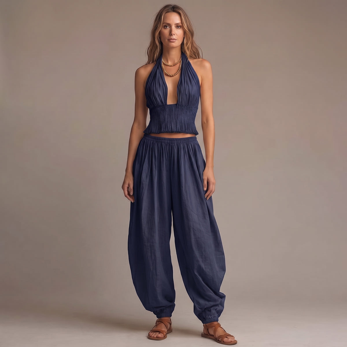 Smocked Two-Piece Halter Top and Harem Pants Set with Gathered Ankle Cuffs for Women