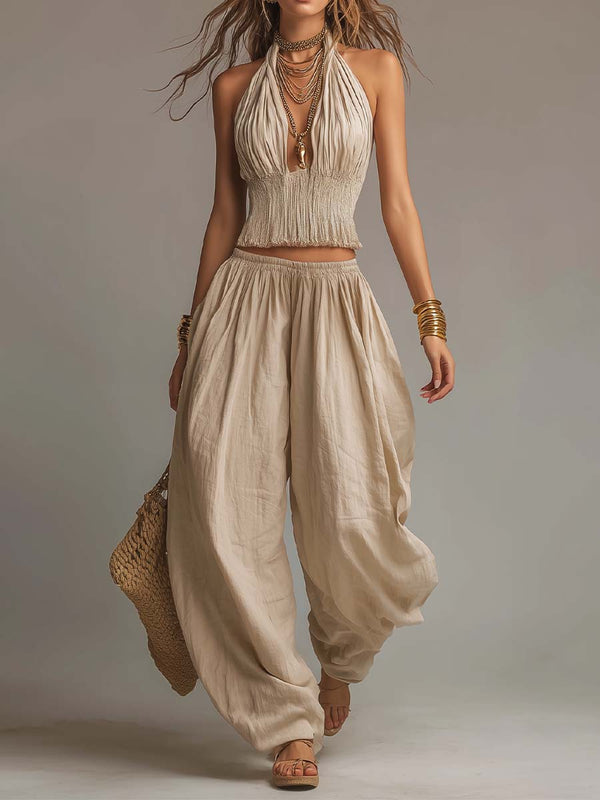 Smocked Two-Piece Halter Top and Harem Pants Set with Gathered Ankle Cuffs for Women