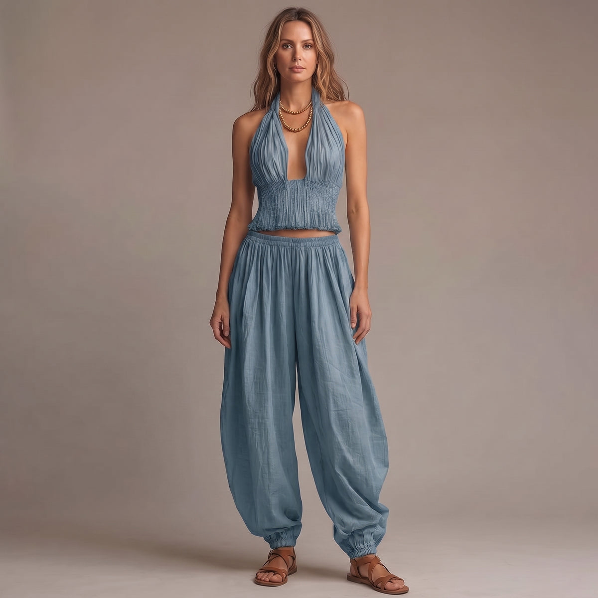 Smocked Two-Piece Halter Top and Harem Pants Set with Gathered Ankle Cuffs for Women