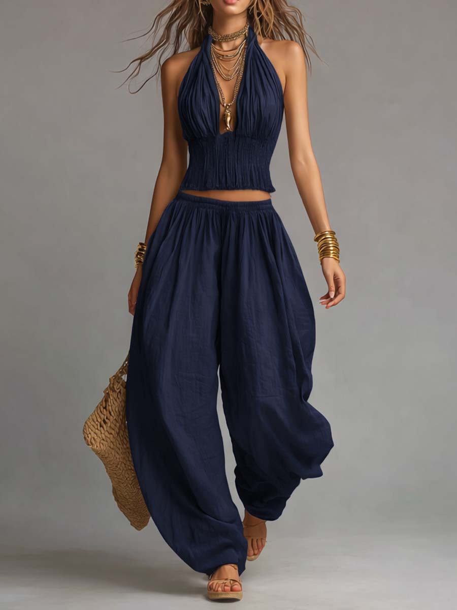 Smocked Two-Piece Halter Top and Harem Pants Set with Gathered Ankle Cuffs for Women
