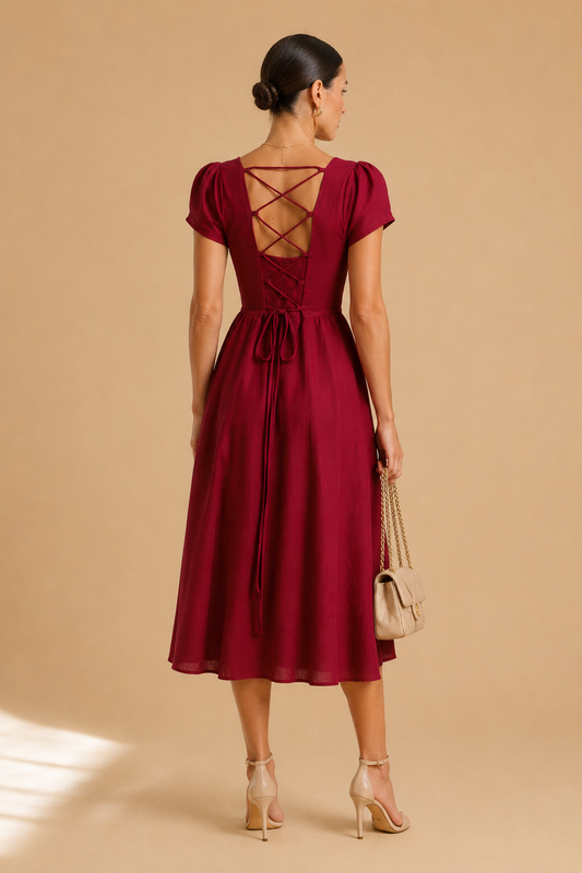Square-Neck A-Line Midi Dress with Short Puff Sleeves for Women