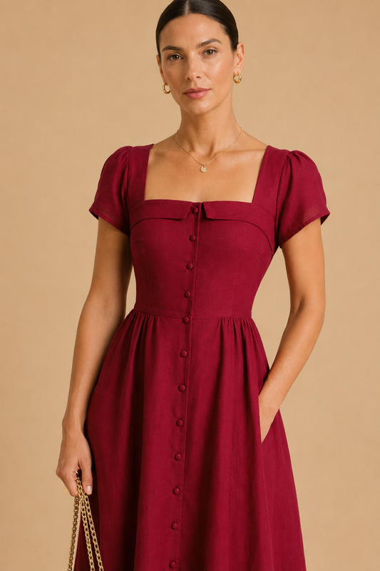 Square-Neck A-Line Midi Dress with Short Puff Sleeves for Women