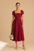 Square-Neck A-Line Midi Dress with Short Puff Sleeves for Women