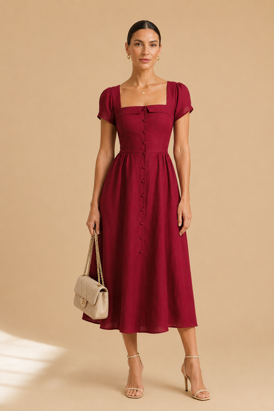 Square-Neck A-Line Midi Dress with Short Puff Sleeves for Women