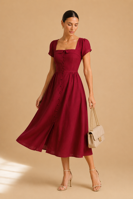 Square-Neck A-Line Midi Dress with Short Puff Sleeves for Women