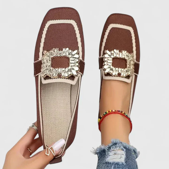 Square Toe Loafers with Jeweled Buckle for Women