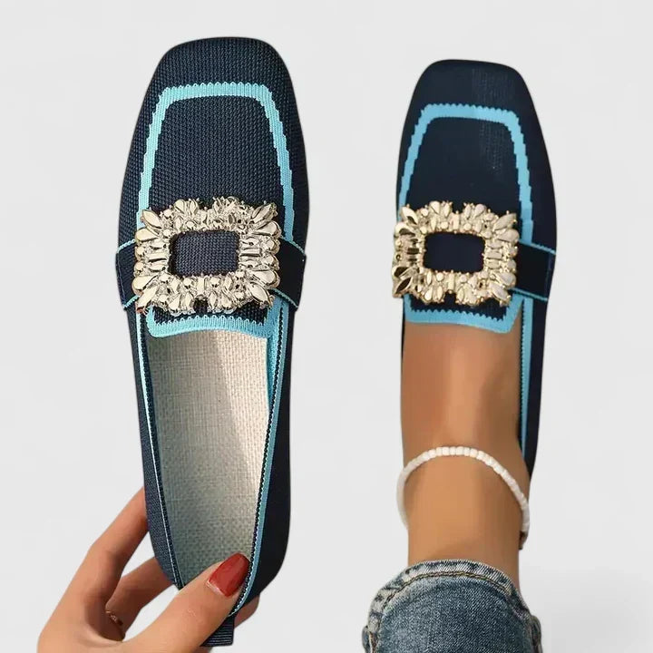 Square Toe Loafers with Jeweled Buckle for Women