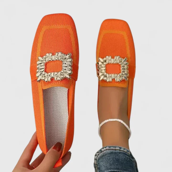 Square Toe Loafers with Jeweled Buckle for Women