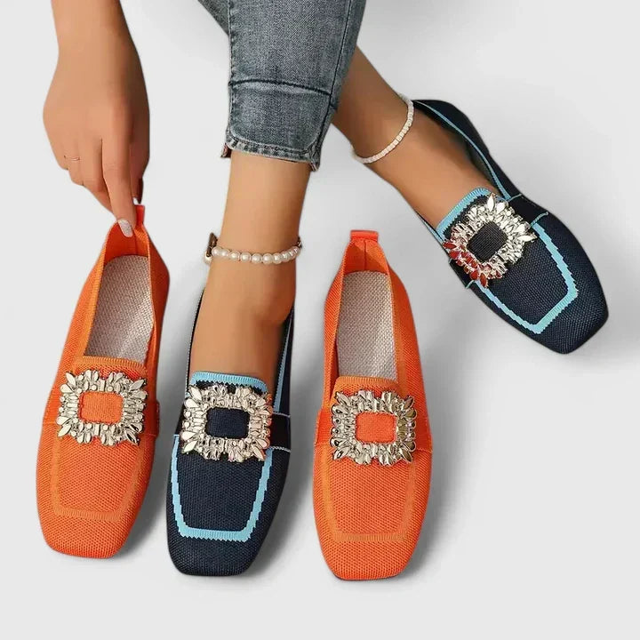 Square Toe Loafers with Jeweled Buckle for Women