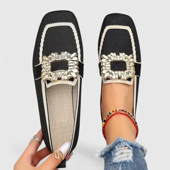 Square Toe Loafers with Jeweled Buckle for Women