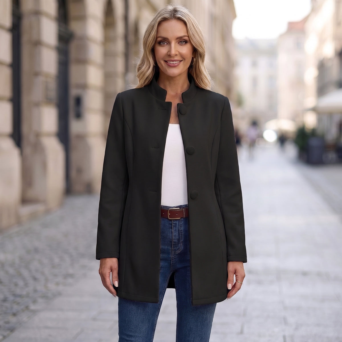Stand Collar Long Jacket with Side Pockets for Women