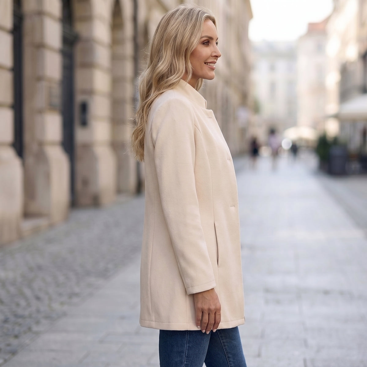 Stand Collar Long Jacket with Side Pockets for Women