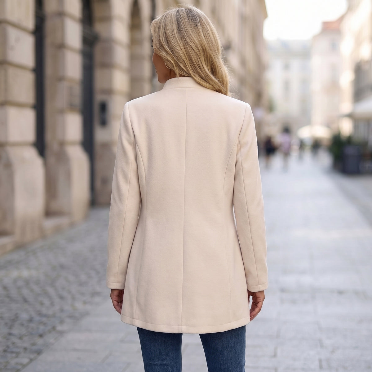 Stand Collar Long Jacket with Side Pockets for Women