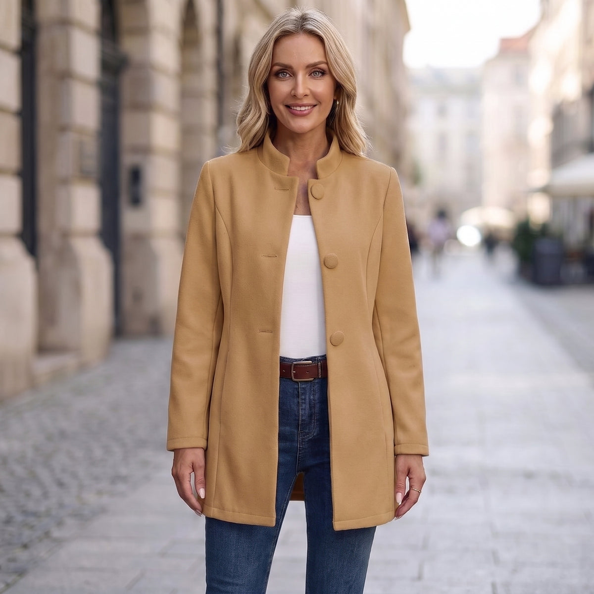 Stand Collar Long Jacket with Side Pockets for Women