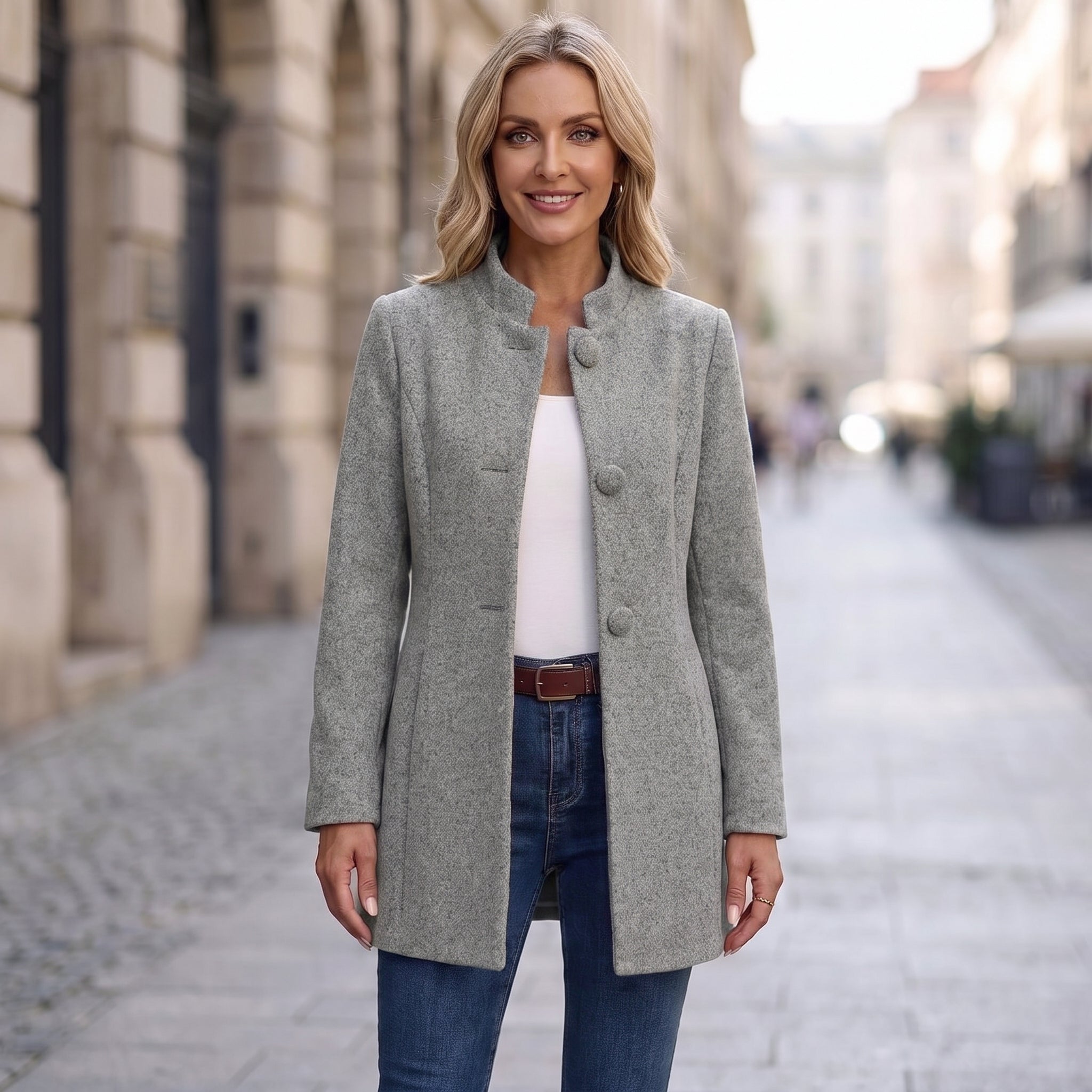 Stand Collar Long Jacket with Side Pockets for Women