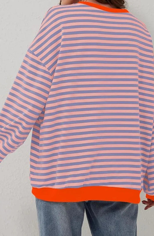 Striped Casual Pullover with Ribbed Cuffs for Women