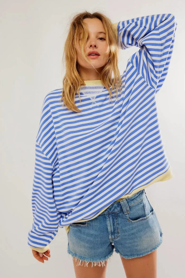 Striped Casual Pullover with Ribbed Cuffs for Women