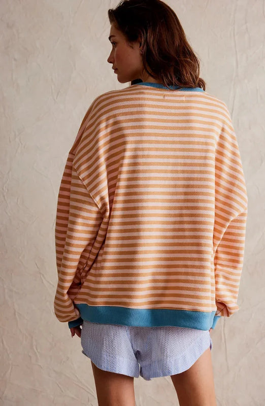 Striped Casual Pullover with Ribbed Cuffs for Women