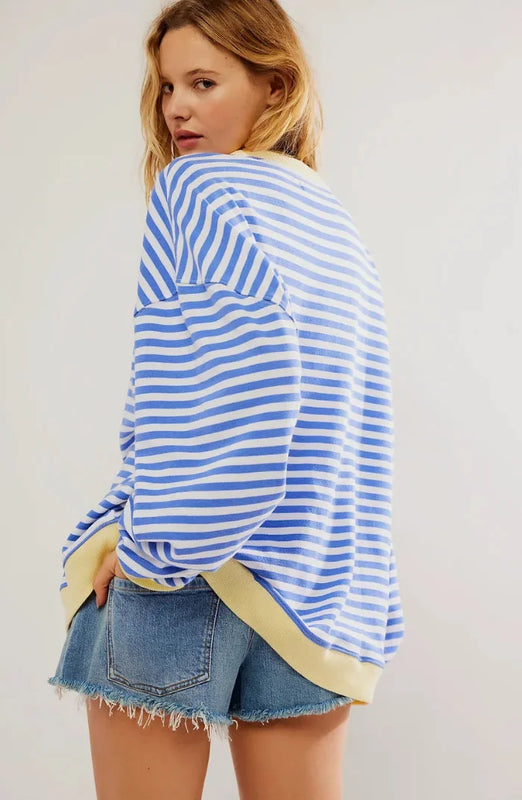 Striped Casual Pullover with Ribbed Cuffs for Women